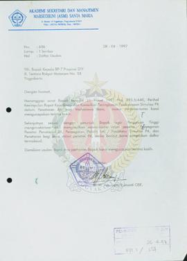 Surat dari Direktur Asmi Santa Maria kepada Kepala BP-7 Daerah Istimewa Yogyakarta perihal invent...