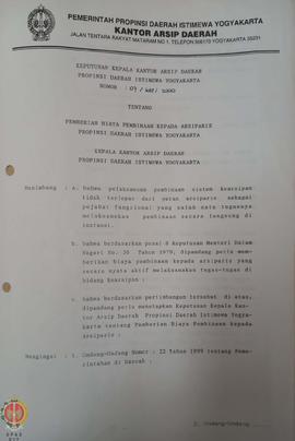 Keputusan Kepala Kantor Arsip Daerah Provinsi Daerah Istimewa Yogyakarta No: 07/KEP/2000 tentang ...