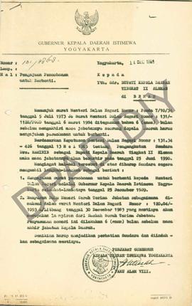 Surat dari Gubernur Kepala Daerah Istimewa Yogyakarta,Paku Alam VIII kepada Bupati Kepala Daerah ...