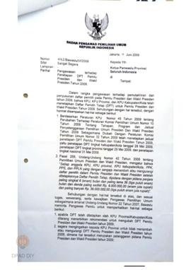 Surat  dari Bawaslu  Ketua  Panwaslu Provinsi DIY tentang pengawasan terhadap penetapan DPT Pemil...