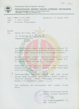 Surat dari Kepala Perpustakaan Daerah Daerah Istimewa Yogyakarta kepada Kepala BP-7 Daerah Istime...