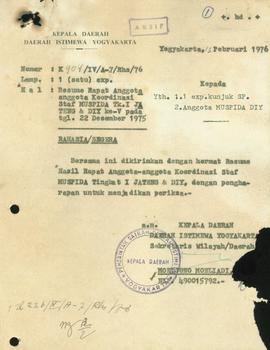 Resume rapat anggota koordinasi staf MUSPIDA Tk. I Jawa Tengah dan DIY ke V, 22 Desember 1975