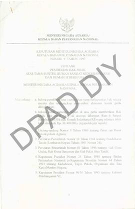 Keputusan Menteri Negara Agraria/Kepala  Badan Pertanahan Nasional Nomor 9 tahun 1997 tentang pem...