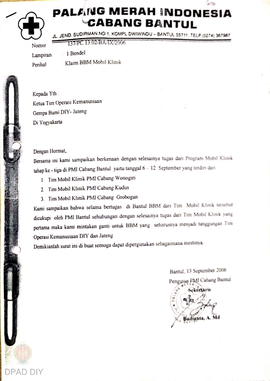 Surat dari PMI Cabang Bantul kepada ketua Tim Operasi Kemanusiaan gempa bumi DIY dan Jateng tenta...