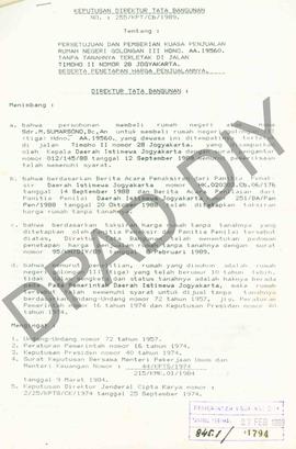 SK. Direktur Tata Bangubnan No .255/KPT/Cb/1989 ttg. Persetujuhan penjualan rumah Negferi Gol.III...