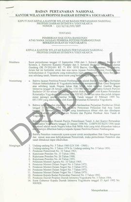 Surat Keputusan Kepala Kantor Wilayah Badan Pertanahan Nasional Provinsi DIY. No : 138 /SK / HGB ...