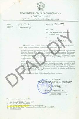 Surat Kepala   DIY. P.Y.M.T. Sekretaris Wilayah Daerah atas nama Gubernur Kepada Kepala Dinas Par...