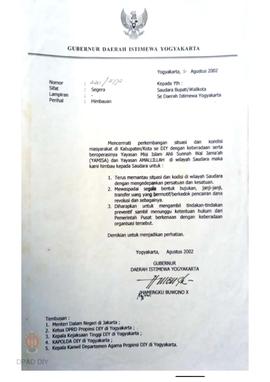 Surat Gubernur DIY kepada Bupati/Walikota se-DIY No. 220/2772 perihal himbauan Gubernur terkait d...