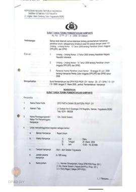 Surat dari Polda Daerah Istimewa Yogyakarta kepada DPD Partai Damai Sejahtera Daerah Istimewa Yog...