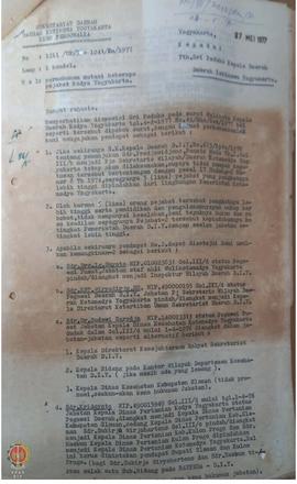 Surat No: 1211/UP/R-1241/UM/1977 dari Kepala Biro Personalia kepada Sri Paduka Kepala Daerah DIY ...