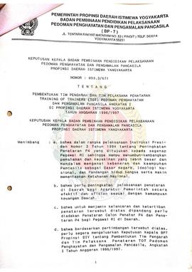 Keputusan Kepala BP-7 Daerah Istimewa Yogyakarta Nomer : 893.3/671 tntang Pembentukan Tim Pengara...