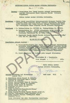 Surat Keputusan Kepala Daerah DIY No. 374/ 1973 tanggal 2 Oktober 1973 tentang penujukkan Drs. He...
