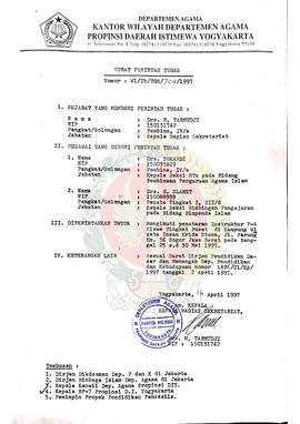 Surat Perintah Tugas No: W1/1b/TGS/754/1997 kepada Drs. Sukardi dan Drs. H. Slamet untuk mengikut...