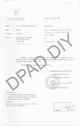 Surat dari Sekretaris Kabinet RI kepada Gubernur Daerah Istimewa Yogyakarta tentang penyampaian K...