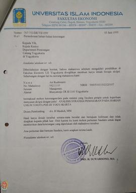 Surat dari Dekan Fakultas Ekonomi UII kepada Kepala Kantor Departemen Penerangan Cabang Yogyakart...