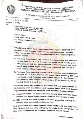 Surat dari Kepala BP-7 Pemerintah Provinsi Daerah Istimewa Yogyakarta kepada Kepala BP-7 Pusat me...