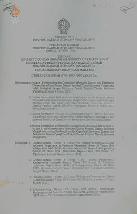 Peraturan Daerah Provinsi DIY Nomor 1 Tahun 2004 tentang Pembentukan dan Organisasi sekretariat d...