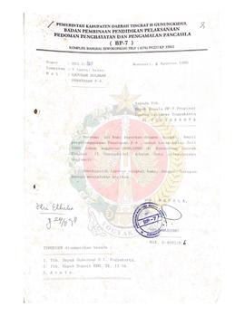 Surat dari  Pelaksana Harian Kepala BP-7 Kabupataen Gunung Kidul kepada Kepala BP-7 Provinsi Daer...