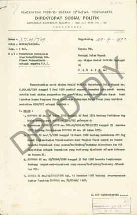 Surat dari Kepala Direktorat Sosial Politik Propinsi Daerah Istimewa Yogyakarta, Sugeng Kadarusma...