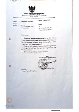 Surat dari Panitia Pengawas Pemilihan Umum Kabupaten Sleman kepada Bambang Yuniarto, SH di Lapas ...