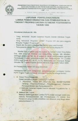 Laporan Penyelenggaraan Lomba P2P4 Tingkat Provinsi Daerah Istimewa Yogyakarta Tahun 1996.