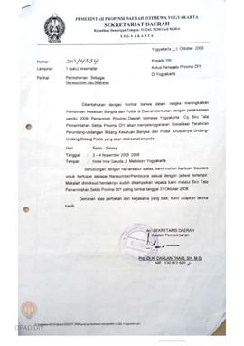 Surat dari Sekretaris Daerah DIY kepada Panwaslu DIY tentang permohonan sebagai narasumber dalam ...
