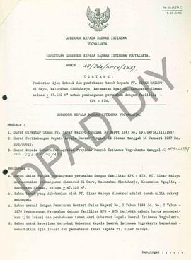 Surat Keputusan Gubernur Kepala DIY No. 28/Idz/KPTS/1987 tentang pemberian ijin lokasi dan pembeb...
