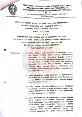 Keputusan Kepala BP-7  Daerah Istimewa Yogyakarta Nomer : 893.3/957 tentang Pembentukan Tim Penga...