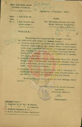 Surat Menteri Sosial tentang otorisasi beslit kredit untuk Pusat Koperasi Pegawai Negeri 1955.