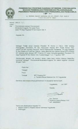 Surat dari Kepala BP-7 Yogyakarta kepada: - perihal permohonan menjadi Penceramah/Moderator/Anggo...