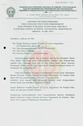 Laporan Tim Penyelenggara pada upacara Penutupan Penataran P-4 bagi Pegawai Republik Indonesia Pe...