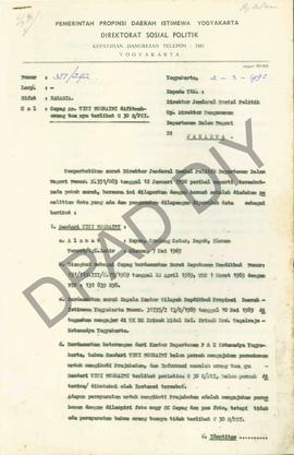 Surat dari Gubernur Kepala Daerah Istimewa Yogyakarta, atas nama, Kepala Direktorat Sosial Politi...