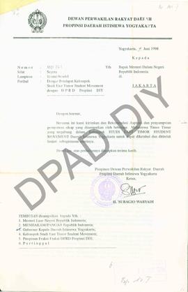 Surat dari Ketua DPRD DIY, H. Subagio Waryadi kepada Menteri Dalam Negeri tentang dengar pendapat...