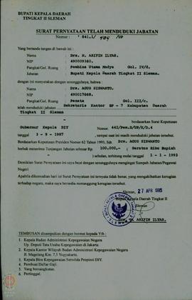 Kumpulan Arsip/Surat Pernyataan Telah Menduduki Jabatan Atas  Nama Drs. H. Arifin Ilyas Dkk Sebag...
