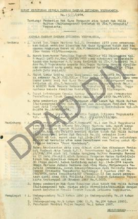 Surat keputusan Gubernur Kepala Daerah DIY, no. 383/1974 tanggal 14 Oktober 1974 tentang pemberia...