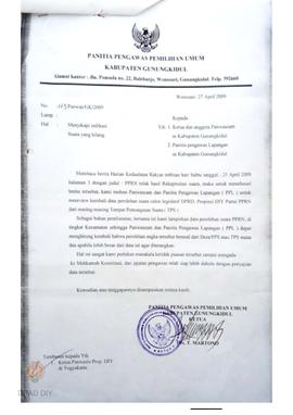 Surat dari Panwaslu Kabupaten Gunungkidul kepada Panwascam dan Pengawas Lapangan se Kabupaten Gun...
