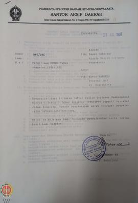 Surat dari Kepala Kantor Arsip Daerah Pemerintah Provinsi Daerah Istimewa Yogyakarta kepada Guber...