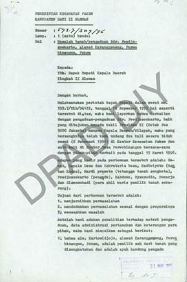 Surat dari Camat Pakem, Drs. Suseno kepada Bupati Sleman tentang masalah tanah/pengaduan Sdr. Poe...