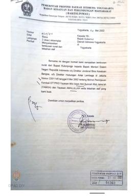 Surat dari Bakeslinmas DIY kepada Gubernur DIY Nomor220/511 perihal tembusan surat Bupati Kulon P...