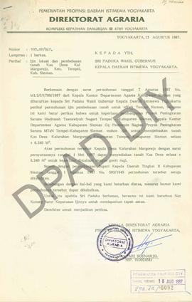 Surat Kepala Direktorat Agraria Propinsi DIY kepada Sri Paduka Wakil Gubernur Kepala Daerah DIY t...