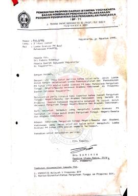 Surat dari Plh. Kepala BP-7 Provinsi Daerah Istimewa Yogyakarta kepada Gubernur Kepala Daerah Ist...
