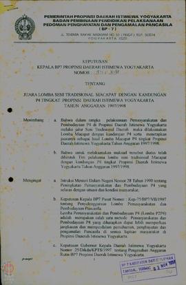Surat Keputusan Kepala BP-7 Propinsi Daerah Istimewa Yogyakarta  No. 431/1648 Tanggal 28 Oktober ...
