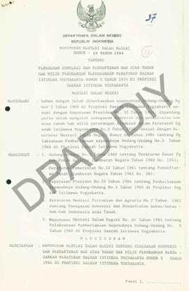 SK Mendagri nomor 69 tahun 1984 tentang Penegasan Konversi dan Pendaftaran Hak atas tanah Hak Mil...