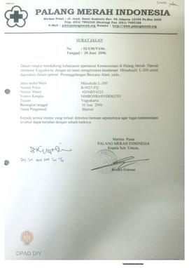 Surat dari PMI Pusat Jakarta perihal pengiriman kendaraan untuk digunakan dalam operasi penanggul...