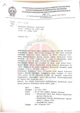 Surat undangan dari Kepala BP-7 Daerah Istimewa Yogyakarta kepada- perihal undangan untuk mengiku...