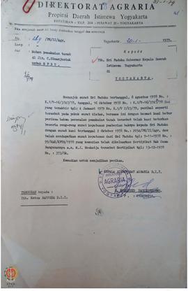 Surat dari Kepala Direktorat Agraria Provinsi Daerah Istimewa Yogyakarta Nomor 269/Pit/II/Agr tan...