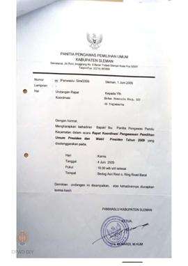Undangan dari Panwaslu Kabupaten Sleman kepada Ketua Panwaslu Provinsi DIY perihal rapat koordina...