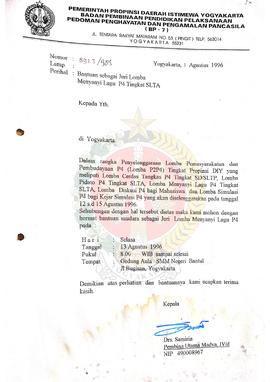 Surat dari Kepala BP-7 Provinsi Daerah Istimewa Yogyakarta kepada – perihal permohonan batuan men...