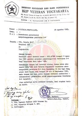 Surat dari Rektor Institut Keguruan dan IlmuPendidikan (IKIP) Veteran Yogyakarta kepada Kepala BP...