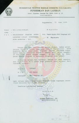 Surat dari Kepala Pendidikan dan Latihan (DIKLAT) Provinsi Daerah Istimewa Yogyakarta kepada Kepa...